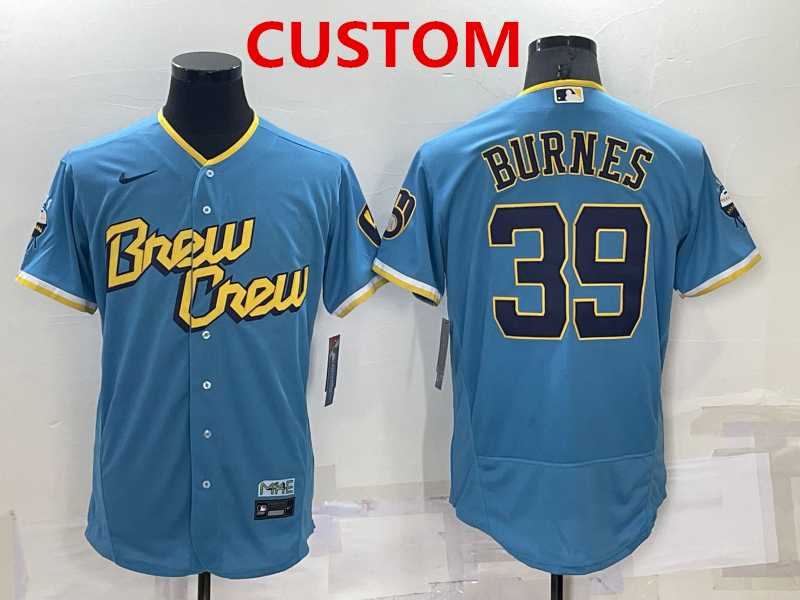 Mens Milwaukee Brewers Custom Blue 2022 City Connect Flex Base Stitched Jersey